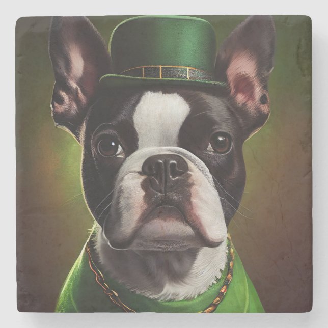 Boston Terrier dog in St. Patrick's Day Dress Stone Coaster (Front)