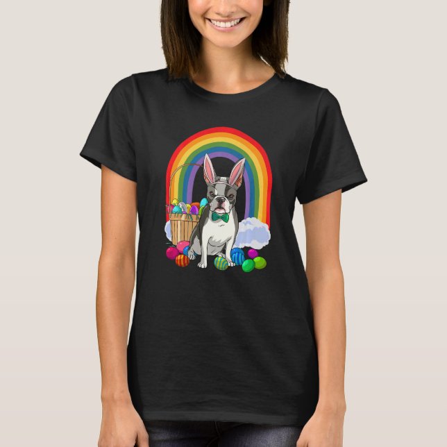 Boston Terrier Dog Mom Easter Eggs Bunny Rabbit T-Shirt (Front)
