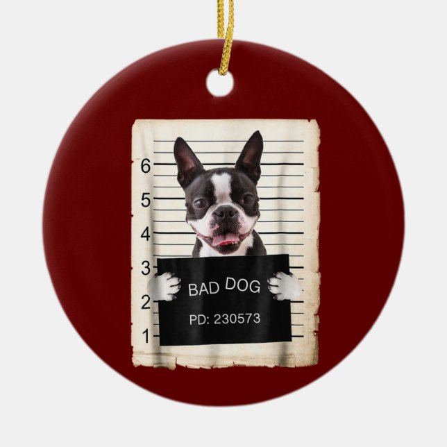 Boston terrier dog mug shot bad dog ceramic tree decoration (Front)