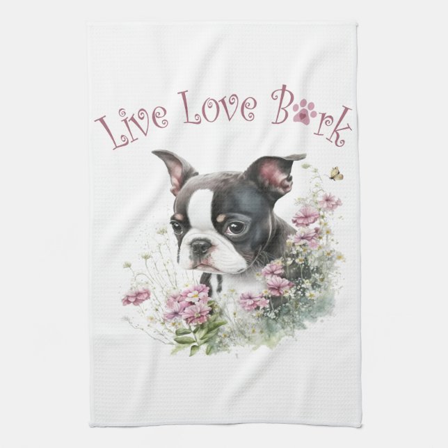 Boston Terrier Dog Mum Floral Tea Towel (Vertical)