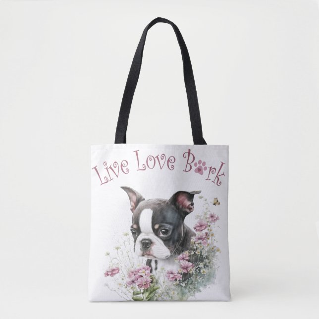Boston Terrier Dog Mum Floral Tote Bag (Front)