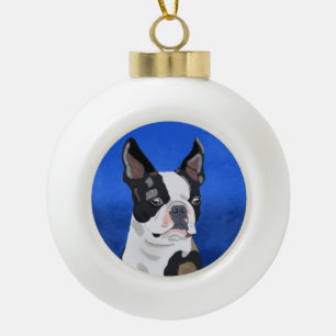 Boston Terrier Dog Oil Painting Art Portrait Ceramic Ball Christmas Ornament
