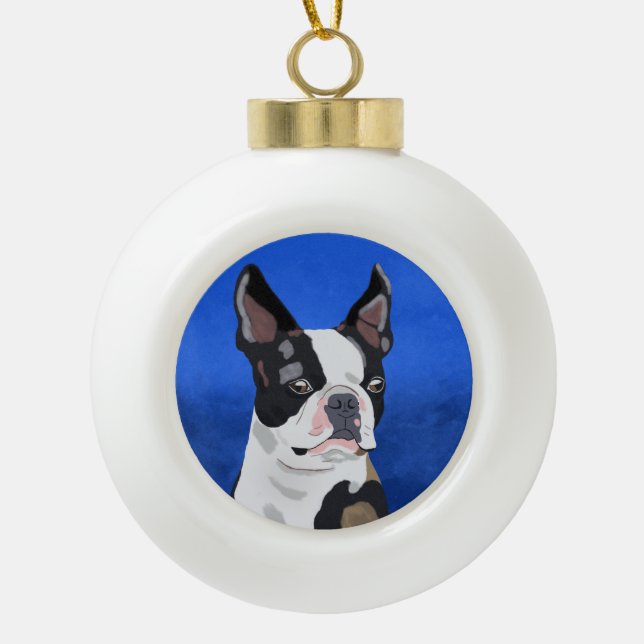 Boston Terrier Dog Oil Painting Art Portrait Ceramic Ball Christmas Ornament (Front)