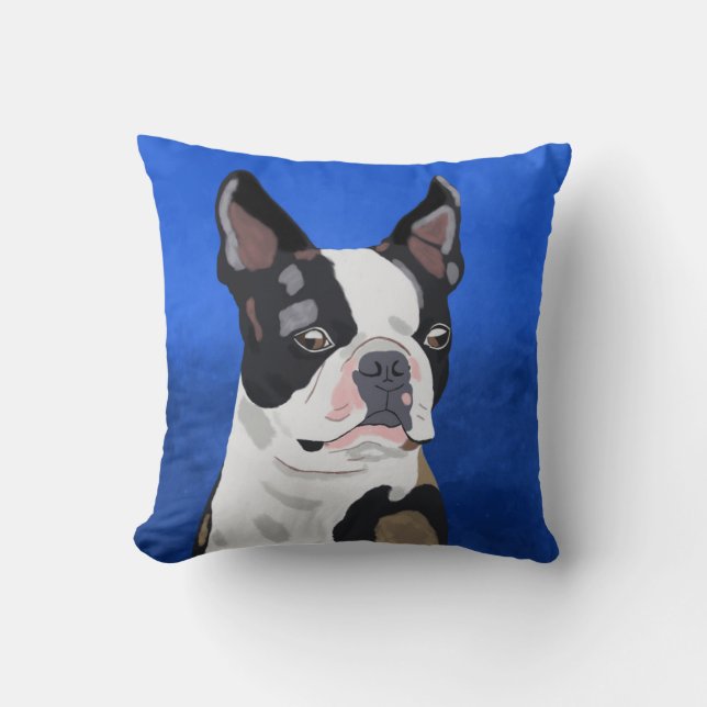 Boston Terrier Dog Oil Painting Art Portrait Cushion (Front)
