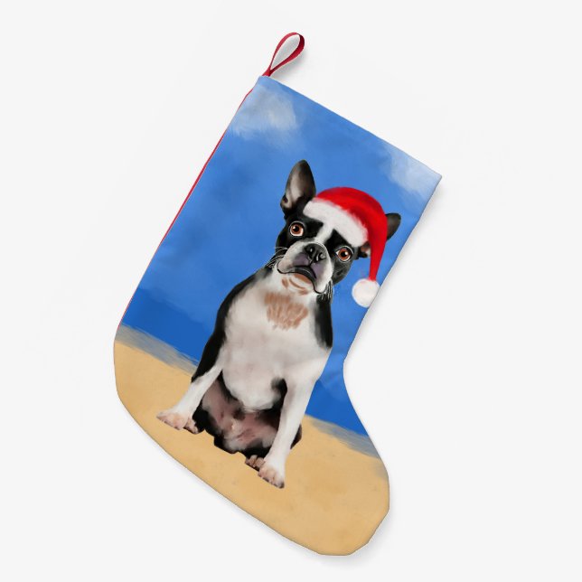 Boston Terrier Dog On Beach Christmas Hat Small Christmas Stocking (Front (Hanging))