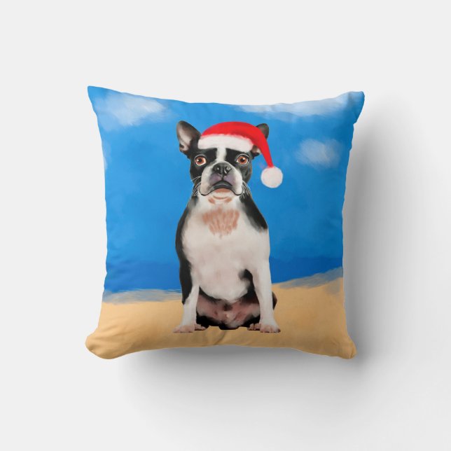 Boston Terrier Dog On Beach Christmas  Holiday Cushion (Front)