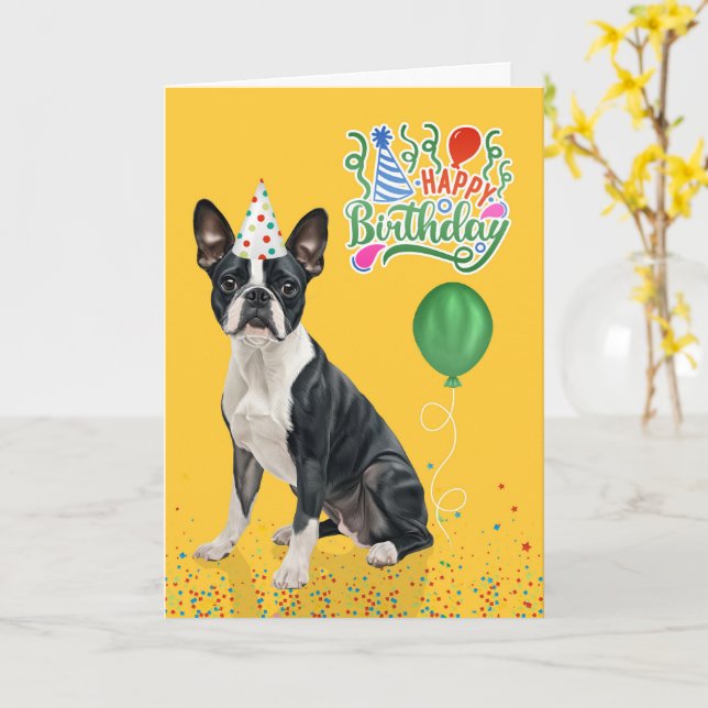 Boston Terrier Dog Party Hat Yellow Birthday Card (Yellow Flower)