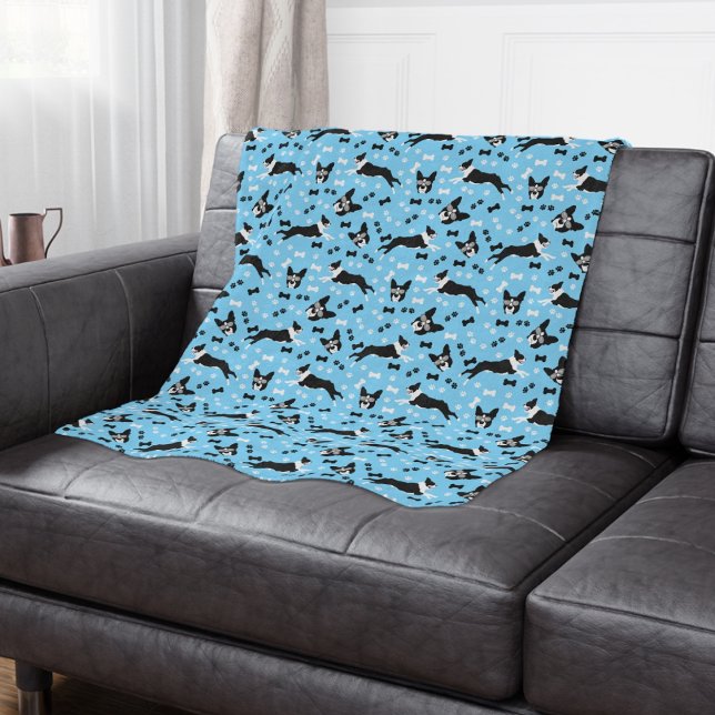 Boston Terrier Dog Pattern Blue Sherpa Blanket (Boston Terriers Dog Breed Pattern Blanket in Blue)