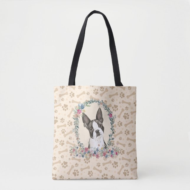 Boston Terrier Dog Paw Print & Dog Bone Cute  Tote Bag (Front)