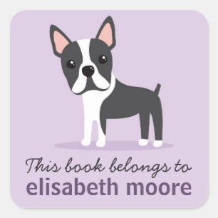 Boston terrier dog personalised bookplate book square sticker
