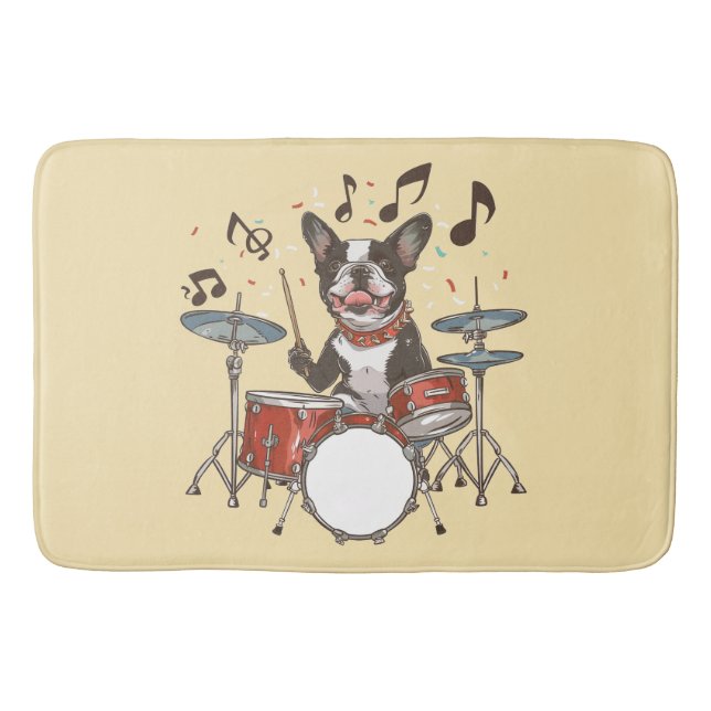Boston Terrier Dog Playing Drums Bath Mat (Front)