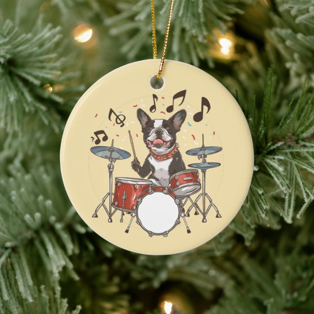 Boston Terrier Dog Playing Drums Ceramic Tree Decoration (Tree)