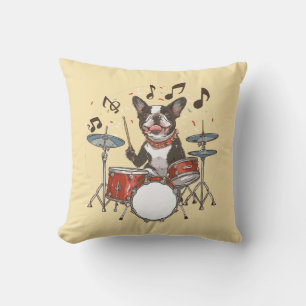 Boston Terrier Dog Playing Drums Cushion