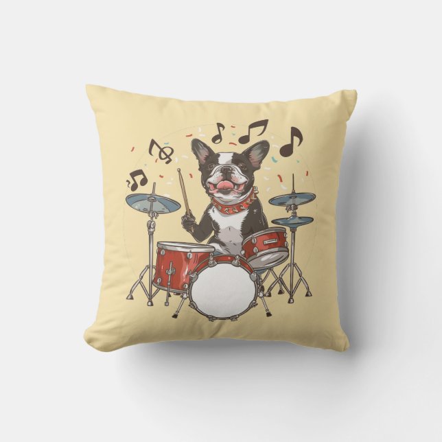Boston Terrier Dog Playing Drums Cushion (Front)