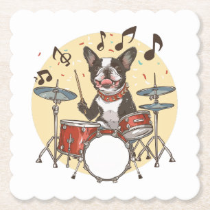 Boston Terrier Dog Playing Drums Paper Coaster