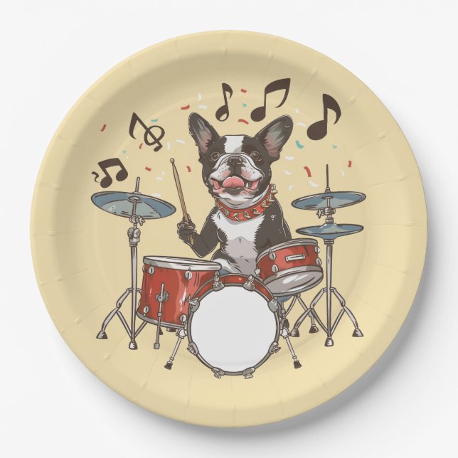 Boston Terrier Dog Playing Drums Paper Plate (Front)
