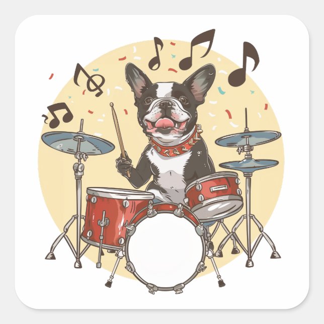 Boston Terrier Dog Playing Drums Square Sticker (Front)