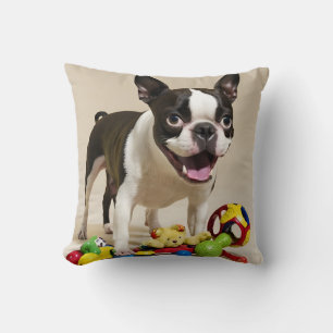 Boston Terrier Dog Playing with Toys Cushion