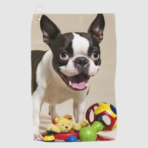 Boston Terrier Dog Playing with Toys Golf Towel