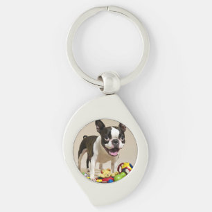 Boston Terrier Dog Playing with Toys Key Ring