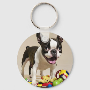 Boston Terrier Dog Playing with Toys Key Ring