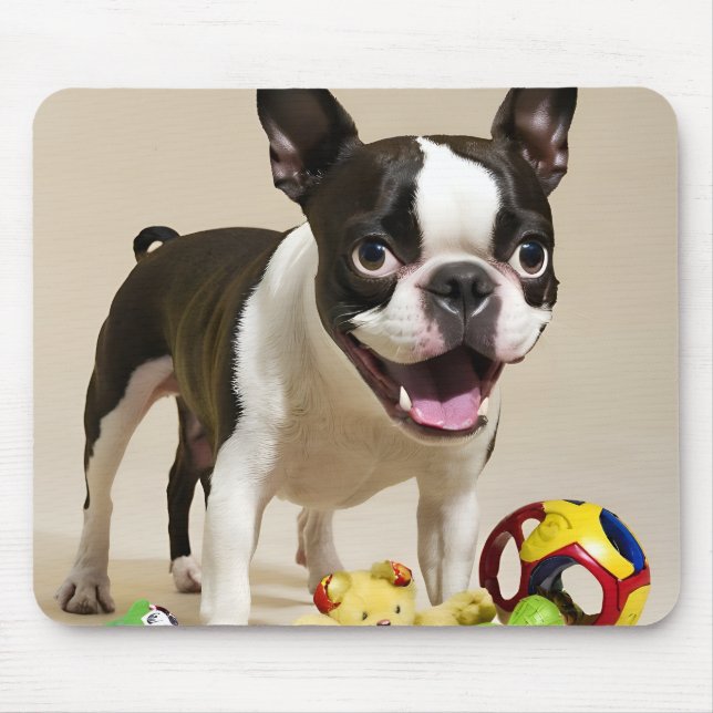 Boston Terrier Dog Playing with Toys Mouse Mat (Front)