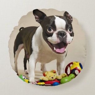 Boston Terrier Dog Playing with Toys Round Cushion