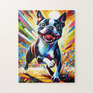 Boston Terrier Dog Portrait Acrylic Art Print Dog Jigsaw Puzzle