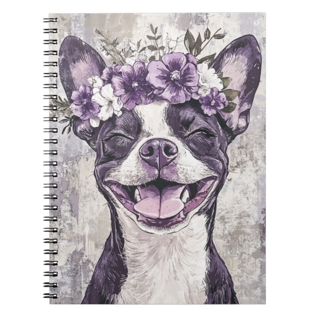Boston Terrier Dog Purple Floral Notebook (Front)