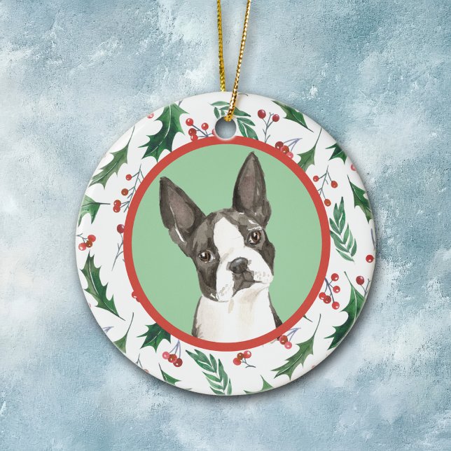 Boston Terrier Dog Red Berry Holly Border Ceramic Tree Decoration (Creator Uploaded)