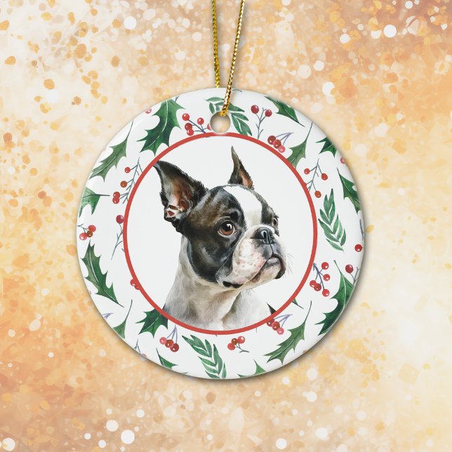 Boston Terrier Dog Red Berry Holly Border Ceramic Tree Decoration (Creator Uploaded)