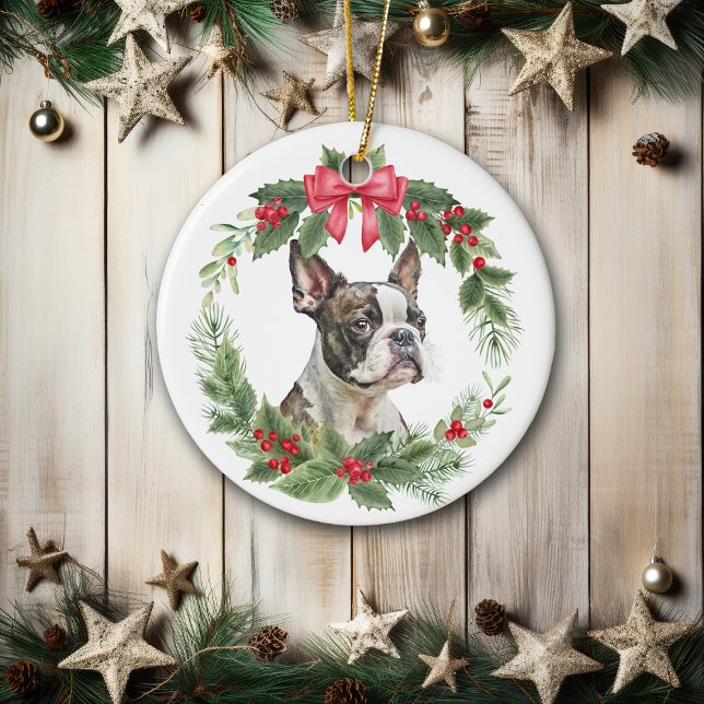 Boston Terrier Dog Red Bow Holly Wreath Ceramic Tree Decoration (Creator Uploaded)