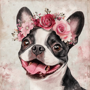 Boston Terrier Dog Red Floral Tote Bag