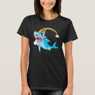 Boston Terrier Dog Riding Cute Shark Girls Rainbow T-Shirt