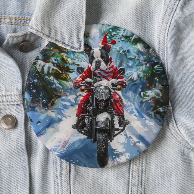 Boston Terrier Dog Riding Motorcycle Christmas 6 Cm Round Badge (In Situ)