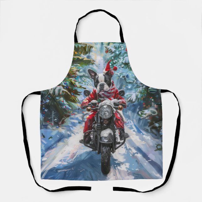 Boston Terrier Dog Riding Motorcycle Christmas Apron (Front)