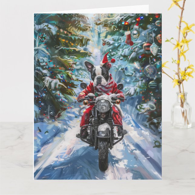 Boston Terrier Dog Riding Motorcycle Christmas Card (Yellow Flower)