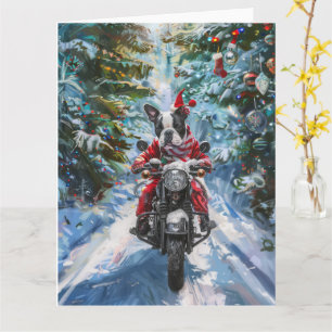 Boston Terrier Dog Riding Motorcycle Christmas Card