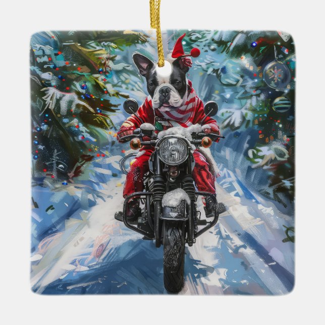 Boston Terrier Dog Riding Motorcycle Christmas Ceramic Ornament (Front)