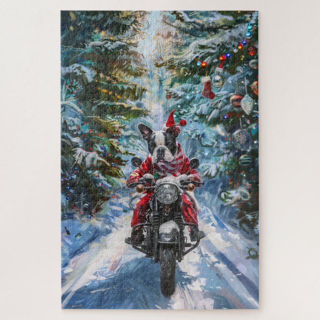 Boston Terrier Dog Riding Motorcycle Christmas Jigsaw Puzzle (Vertical)