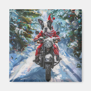 Boston Terrier Dog Riding Motorcycle Christmas Magnet