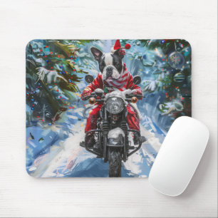 Boston Terrier Dog Riding Motorcycle Christmas Mouse Mat