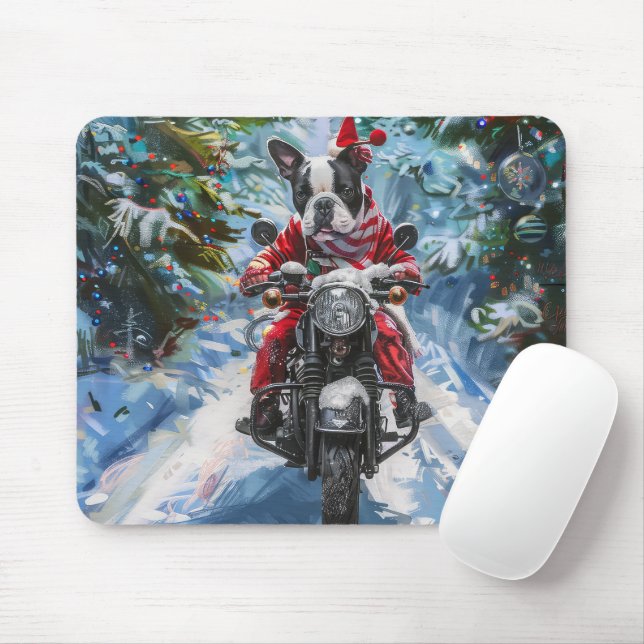 Boston Terrier Dog Riding Motorcycle Christmas Mouse Mat (With Mouse)