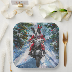 Boston Terrier Dog Riding Motorcycle Christmas Paper Plate