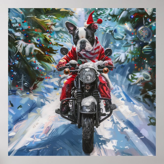 Boston Terrier Dog Riding Motorcycle Christmas Poster (Front)