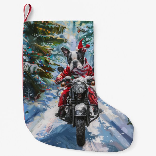 Boston Terrier Dog Riding Motorcycle Christmas Small Christmas Stocking (Front)
