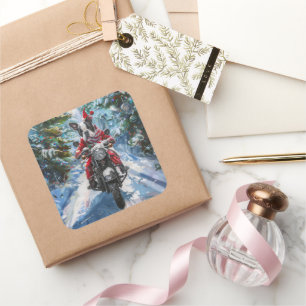 Boston Terrier Dog Riding Motorcycle Christmas Square Sticker