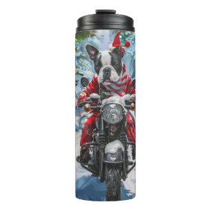 Boston Terrier Dog Riding Motorcycle Christmas Thermal Tumbler
