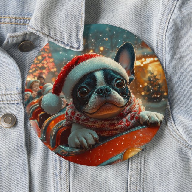 Boston Terrier Dog Roller Coaster Christmas 6 Cm Round Badge (In Situ)
