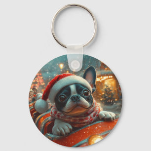 Boston Terrier Dog Roller Coaster Christmas Key Ring